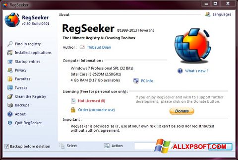 Petikan skrin RegSeeker untuk Windows XP