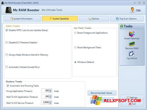 Petikan skrin Mz RAM Booster untuk Windows XP