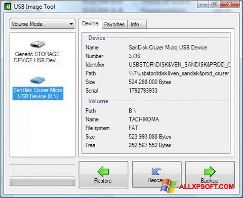 Petikan skrin USB Image Tool untuk Windows XP