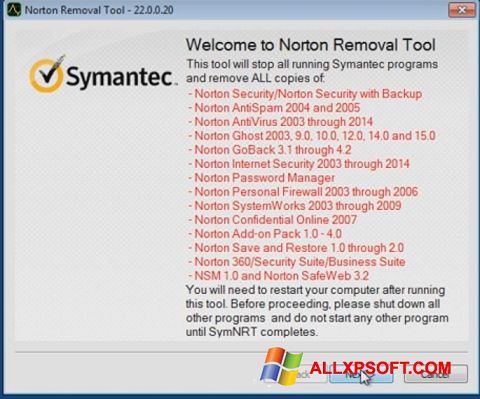 Petikan skrin Norton Removal Tool untuk Windows XP