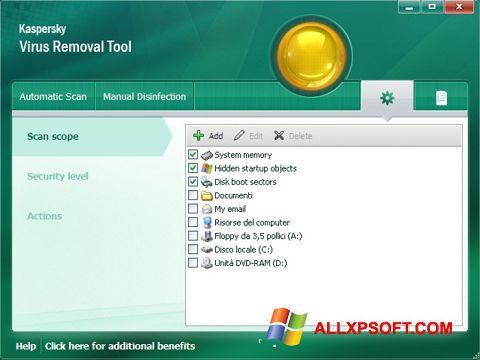 Petikan skrin Kaspersky Virus Removal Tool untuk Windows XP