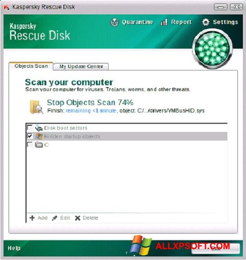 Petikan skrin Kaspersky Rescue Disk untuk Windows XP
