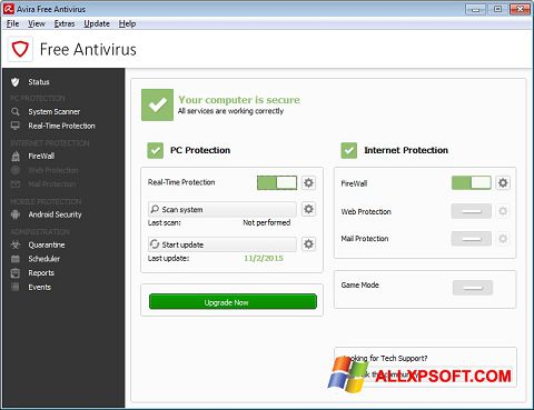 Petikan skrin Avira Free Antivirus untuk Windows XP