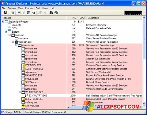 Petikan skrin Process Explorer untuk Windows XP