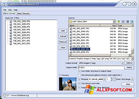 Petikan skrin FastStone Photo Resizer untuk Windows XP