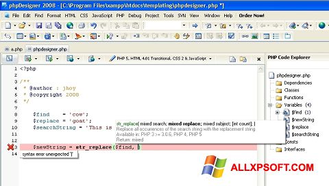 Petikan skrin phpDesigner untuk Windows XP