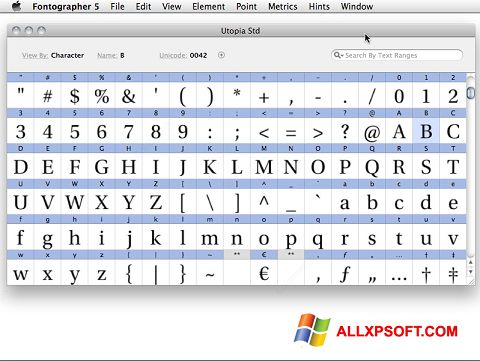 Petikan skrin Fontographer untuk Windows XP