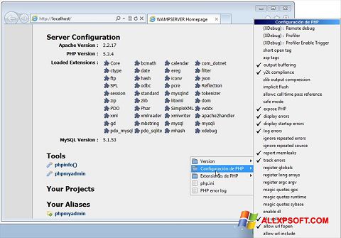 Petikan skrin WampServer untuk Windows XP