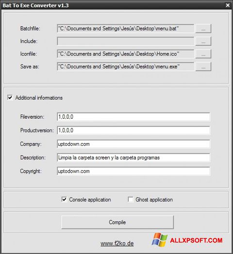 Petikan skrin Bat To Exe Converter untuk Windows XP