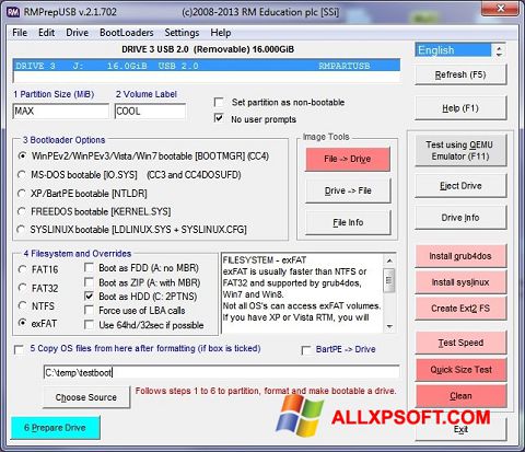 Petikan skrin RMPrepUSB untuk Windows XP
