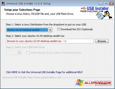 Petikan skrin Universal USB Installer untuk Windows XP