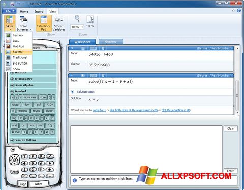 Petikan skrin Microsoft Mathematics untuk Windows XP