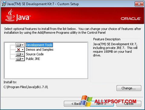 Petikan skrin Java SE Development Kit untuk Windows XP