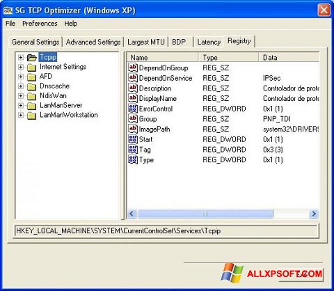 Petikan skrin TCP Optimizer untuk Windows XP