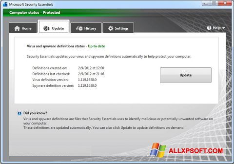 Petikan skrin Microsoft Security Essentials untuk Windows XP
